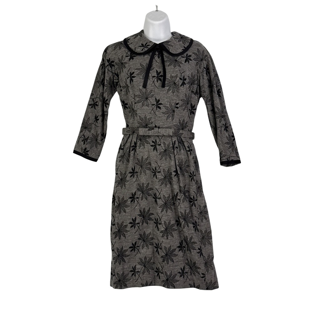 Vintage Parnes Feinstein Grey Black Floral Embroidered Dress 34 bust, 24 waist